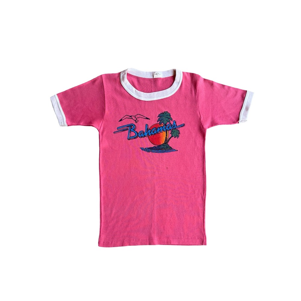 VTG 80s Bahamas Graphic Ringer T-Shirt Pink Nassau Souvenir Seagull Sunset Retro